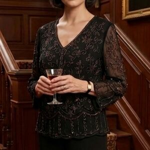 Jacques Vert 16 Vintage 90s Old Money Glam Maximalism Beaded Sequin Blouse